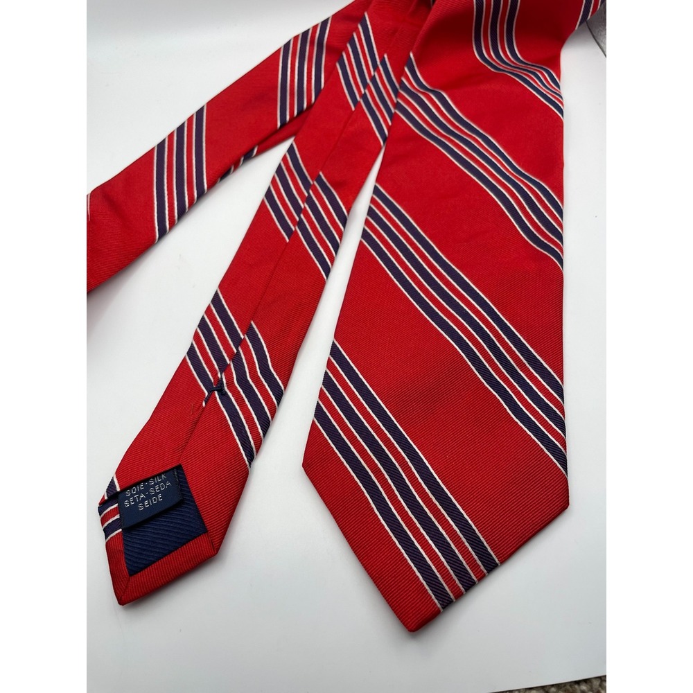 Breuer Mens Silk Necktie Red Navy Blue White Striped Made in France Classic Tie